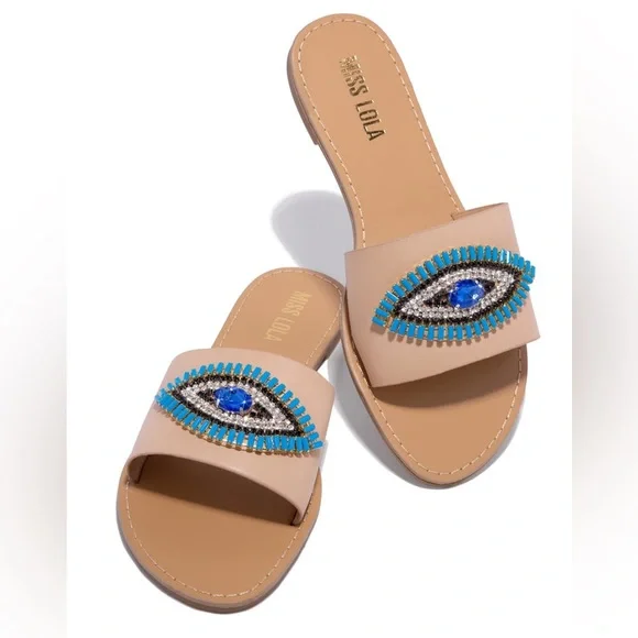 NWOT CLEAR Evil Eye Good Vibes Sequin Bead Sandals - Picture 1 of 4